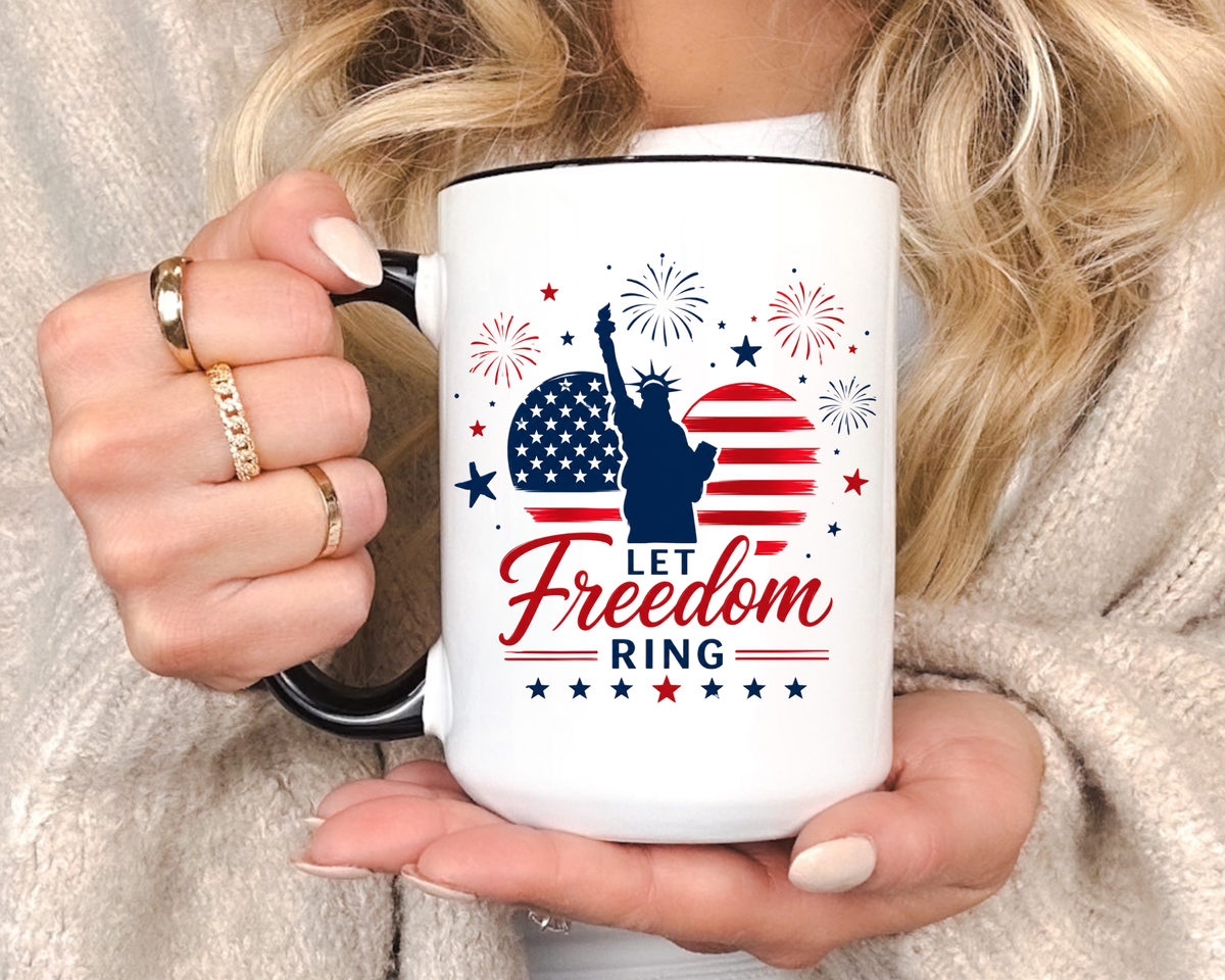 Let Freedom Ring Patriotic Coffee Mug, Statue of Liberty Fourth of July Mug, American Flag Coffee Cup, USA Pride Gift, Independence Day Mug