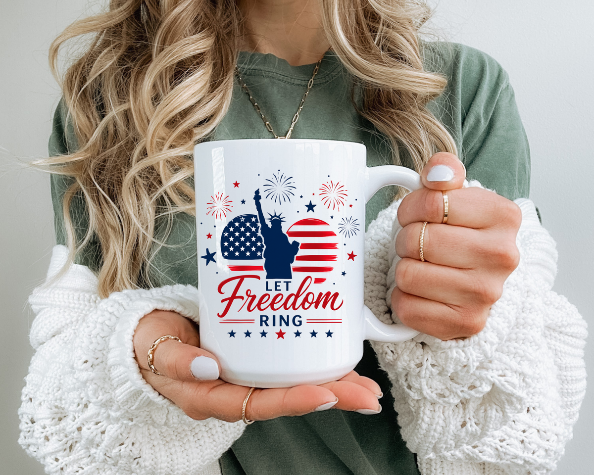Let Freedom Ring Patriotic Coffee Mug, Statue of Liberty Fourth of July Mug, American Flag Coffee Cup, USA Pride Gift, Independence Day Mug