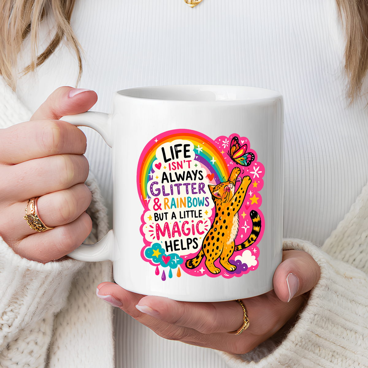 Inspirational Cat Lover Mug, Life Isn't Always Glitter and Rainbows But A Little Magic Helps Coffee Mug, Cute Rainbow Cat Gift