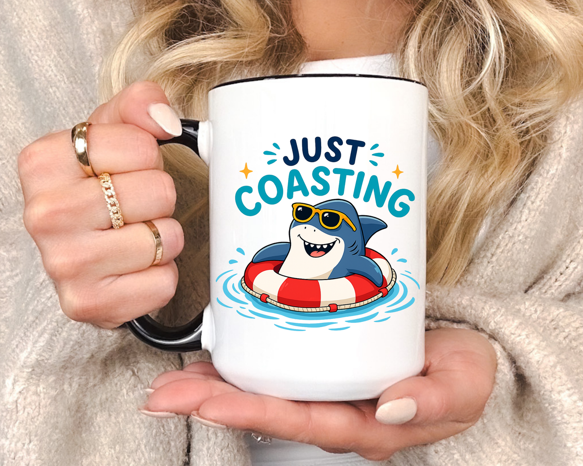 Funny Shark Coffee Mug, Just Coasting Shark Mug, Cute Beach Lover Coffee Cup, Relaxing Summer Vacation Gift for Shark Fans