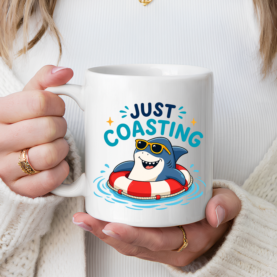 Funny Shark Coffee Mug, Just Coasting Shark Mug, Cute Beach Lover Coffee Cup, Relaxing Summer Vacation Gift for Shark Fans
