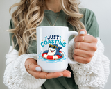 Funny Shark Coffee Mug, Just Coasting Shark Mug, Cute Beach Lover Coffee Cup, Relaxing Summer Vacation Gift for Shark Fans