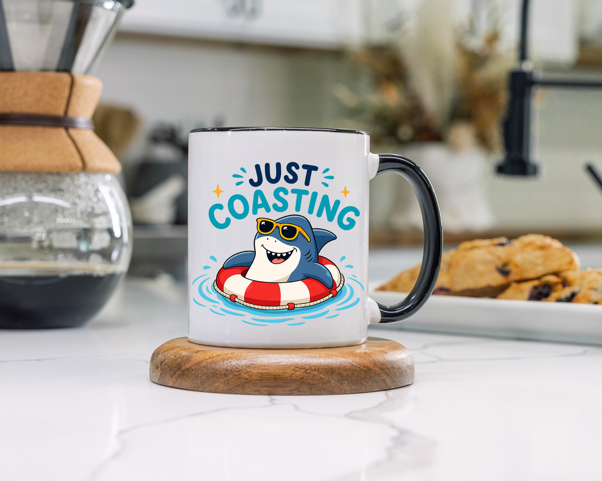 Funny Shark Coffee Mug, Just Coasting Shark Mug, Cute Beach Lover Coffee Cup, Relaxing Summer Vacation Gift for Shark Fans