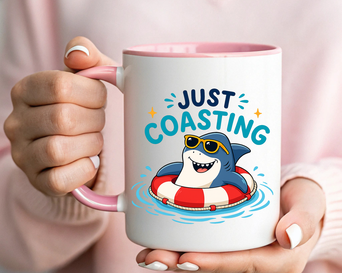Funny Shark Coffee Mug, Just Coasting Shark Mug, Cute Beach Lover Coffee Cup, Relaxing Summer Vacation Gift for Shark Fans