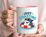 Funny Shark Coffee Mug, Just Coasting Shark Mug, Cute Beach Lover Coffee Cup, Relaxing Summer Vacation Gift for Shark Fans