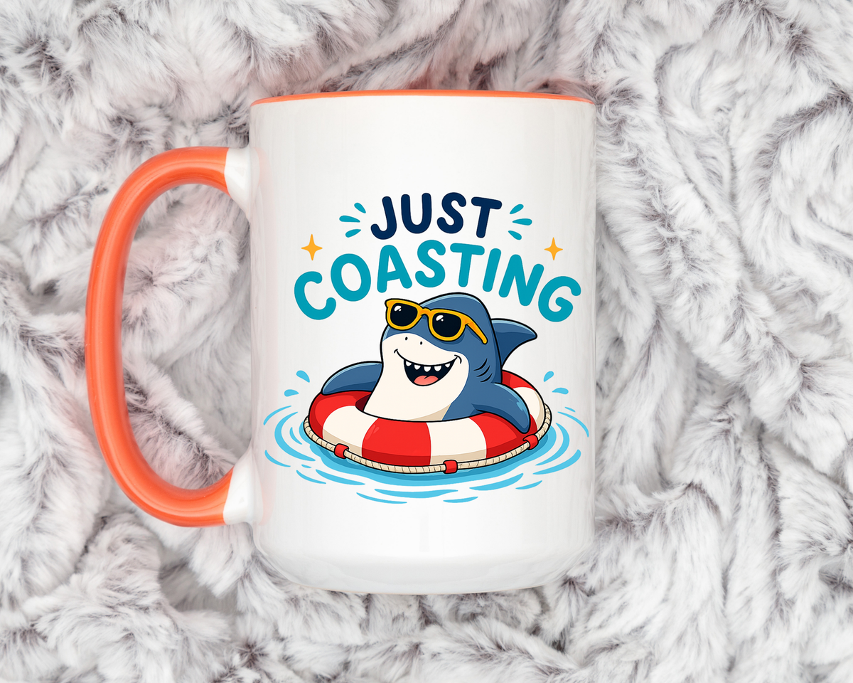 Funny Shark Coffee Mug, Just Coasting Shark Mug, Cute Beach Lover Coffee Cup, Relaxing Summer Vacation Gift for Shark Fans
