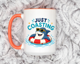 Funny Shark Coffee Mug, Just Coasting Shark Mug, Cute Beach Lover Coffee Cup, Relaxing Summer Vacation Gift for Shark Fans