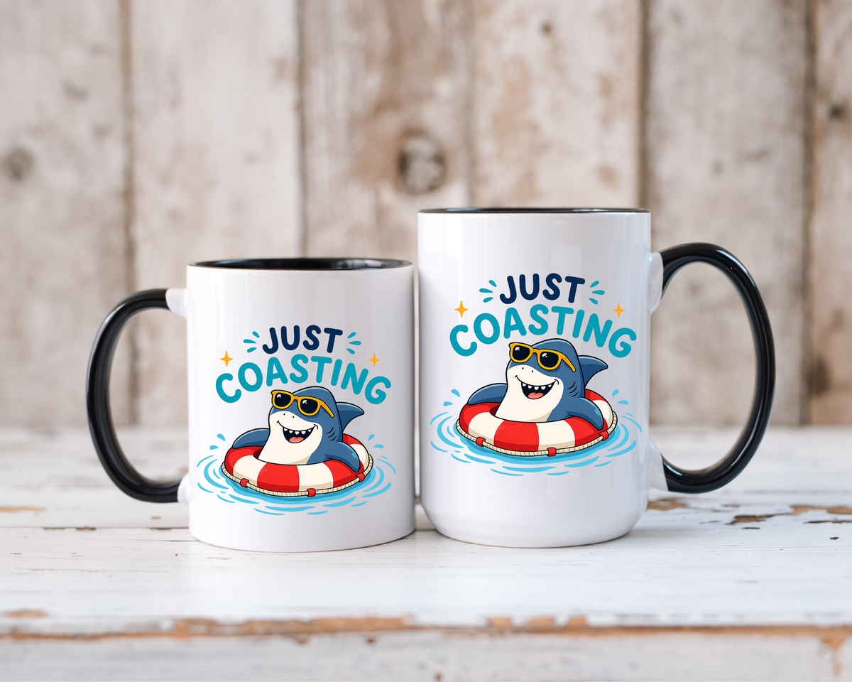 Funny Shark Coffee Mug, Just Coasting Shark Mug, Cute Beach Lover Coffee Cup, Relaxing Summer Vacation Gift for Shark Fans