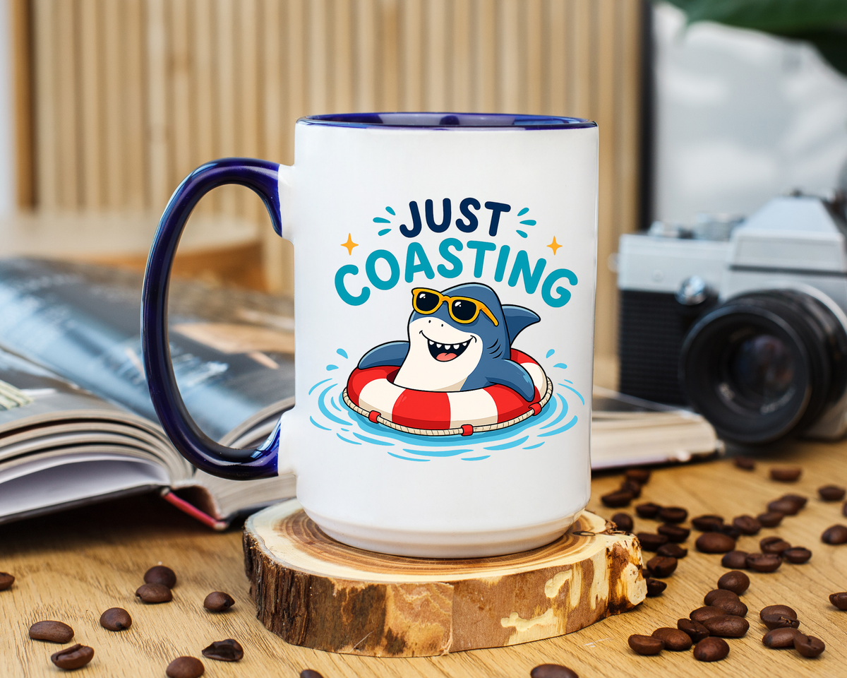 Funny Shark Coffee Mug, Just Coasting Shark Mug, Cute Beach Lover Coffee Cup, Relaxing Summer Vacation Gift for Shark Fans