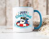 Funny Shark Coffee Mug, Just Coasting Shark Mug, Cute Beach Lover Coffee Cup, Relaxing Summer Vacation Gift for Shark Fans