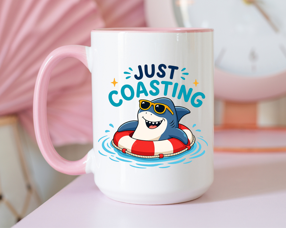 Funny Shark Coffee Mug, Just Coasting Shark Mug, Cute Beach Lover Coffee Cup, Relaxing Summer Vacation Gift for Shark Fans