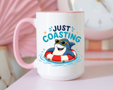 Funny Shark Coffee Mug, Just Coasting Shark Mug, Cute Beach Lover Coffee Cup, Relaxing Summer Vacation Gift for Shark Fans