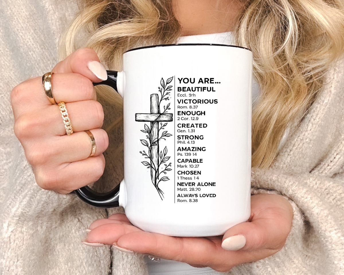 Christian Inspirational Mug, You Are Beautiful Victorious Enough Bible Verse Coffee Mug, Faith Encouragement Gift for Women