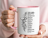 Christian Inspirational Mug, You Are Beautiful Victorious Enough Bible Verse Coffee Mug, Faith Encouragement Gift for Women