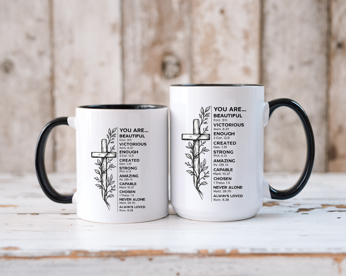 Christian Inspirational Mug, You Are Beautiful Victorious Enough Bible Verse Coffee Mug, Faith Encouragement Gift for Women