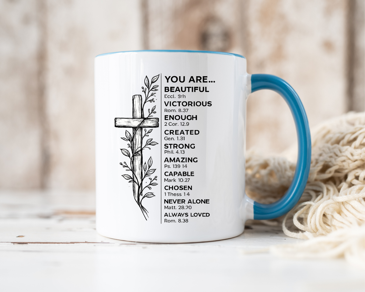 Christian Inspirational Mug, You Are Beautiful Victorious Enough Bible Verse Coffee Mug, Faith Encouragement Gift for Women