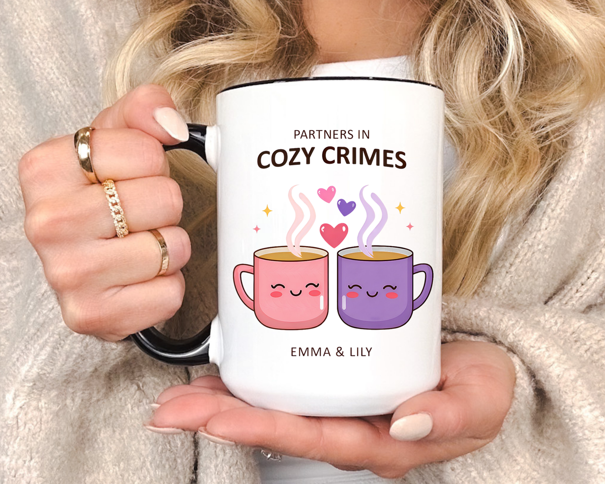 Partners in Cozy Crimes Mug, Personalized Best Friend Coffee Mug, Custom Name Friendship Gift for Women