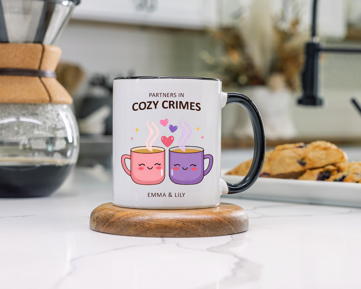 Partners in Cozy Crimes Mug, Personalized Best Friend Coffee Mug, Custom Name Friendship Gift for Women