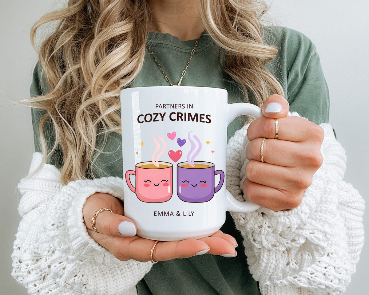 Partners in Cozy Crimes Mug, Personalized Best Friend Coffee Mug, Custom Name Friendship Gift for Women