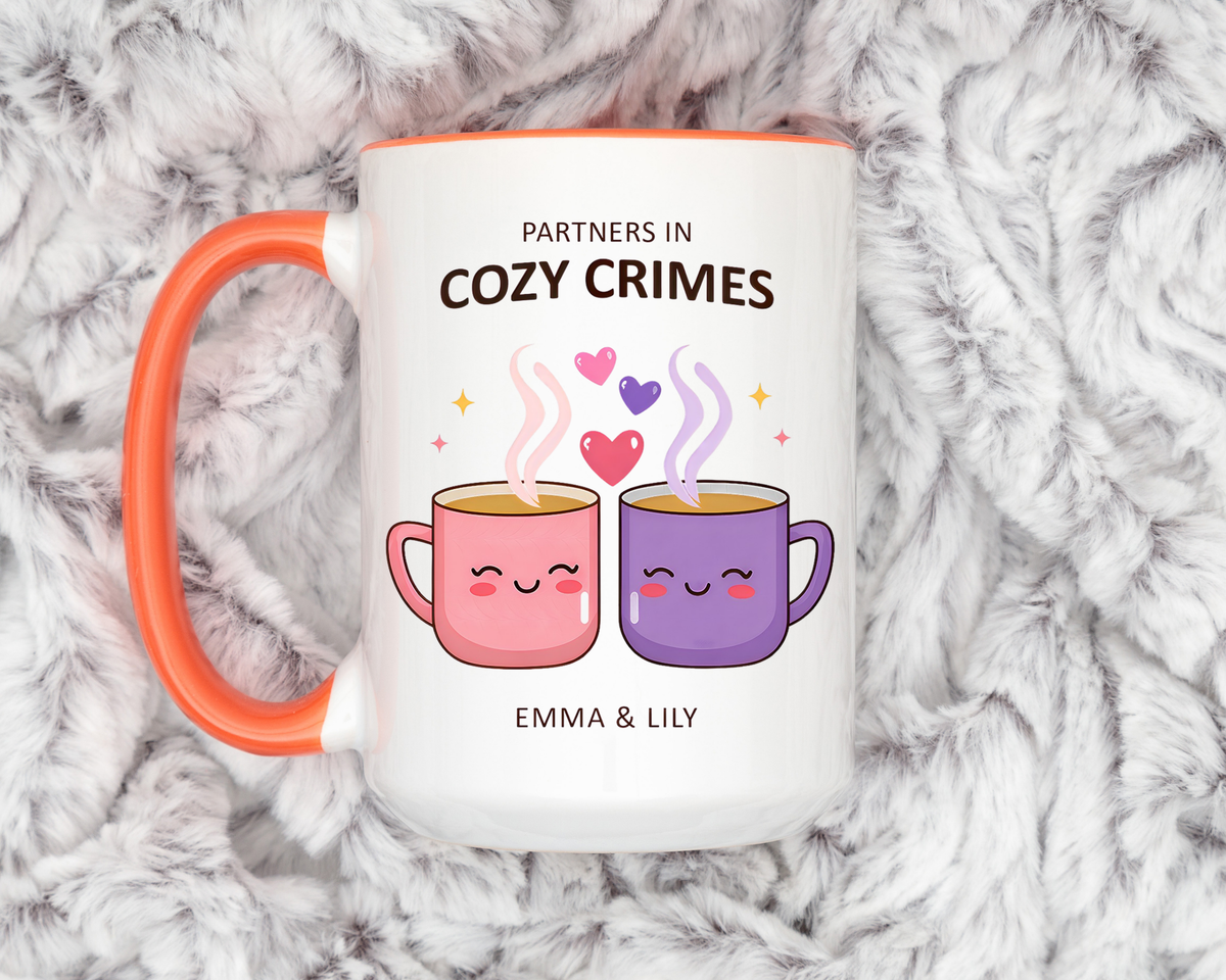 Partners in Cozy Crimes Mug, Personalized Best Friend Coffee Mug, Custom Name Friendship Gift for Women