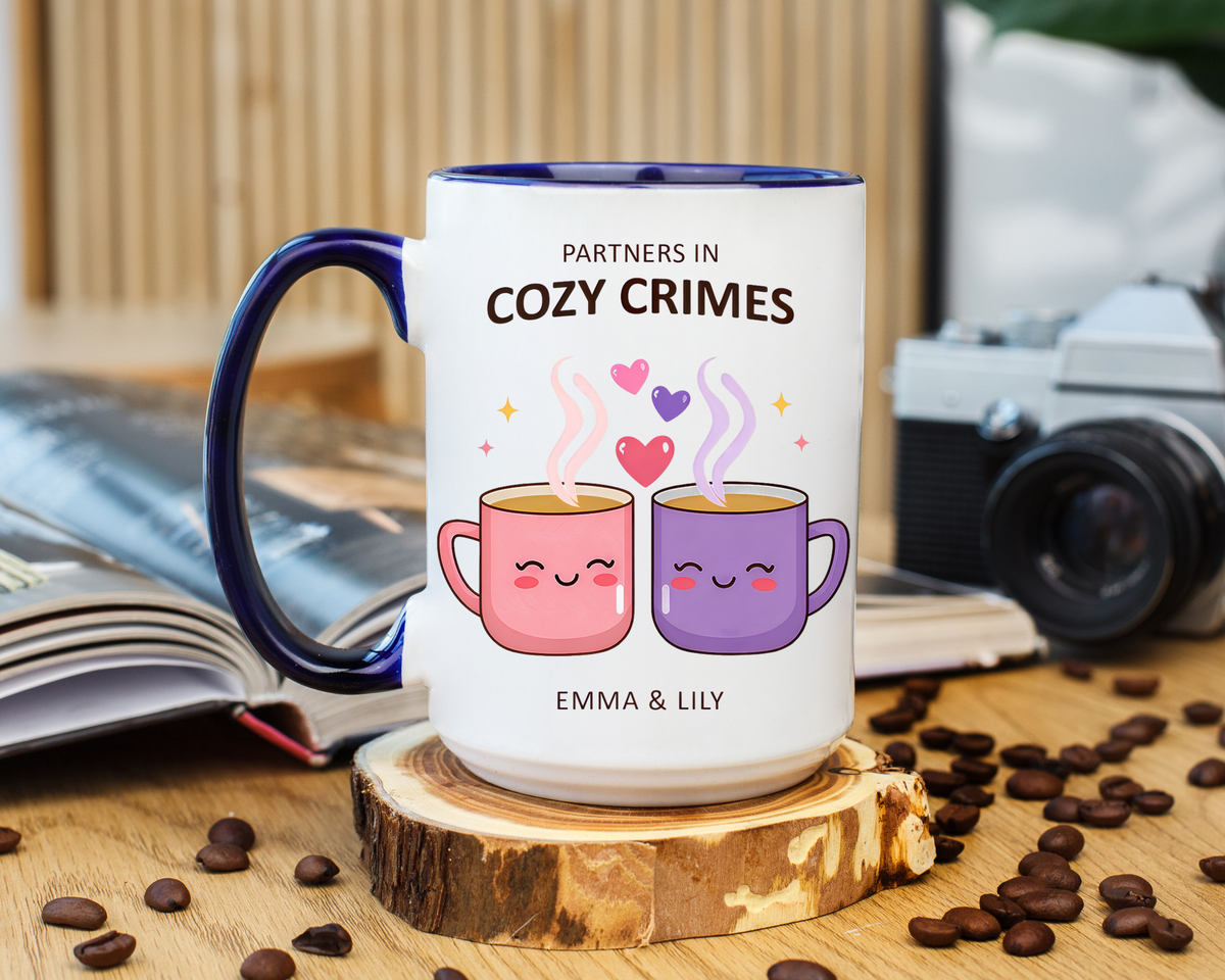 Partners in Cozy Crimes Mug, Personalized Best Friend Coffee Mug, Custom Name Friendship Gift for Women
