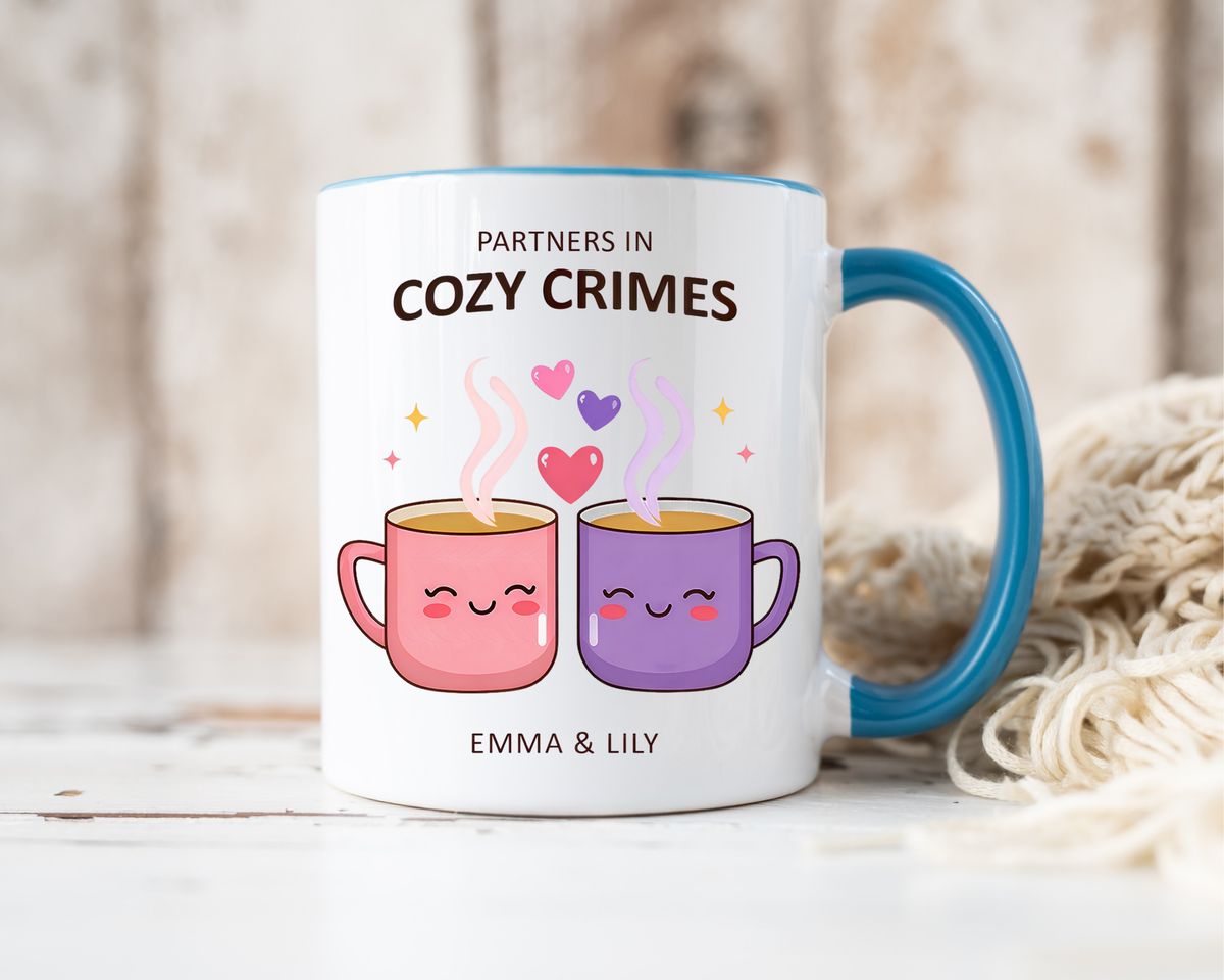 Partners in Cozy Crimes Mug, Personalized Best Friend Coffee Mug, Custom Name Friendship Gift for Women