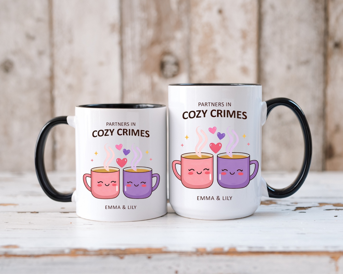 Partners in Cozy Crimes Mug, Personalized Best Friend Coffee Mug, Custom Name Friendship Gift for Women