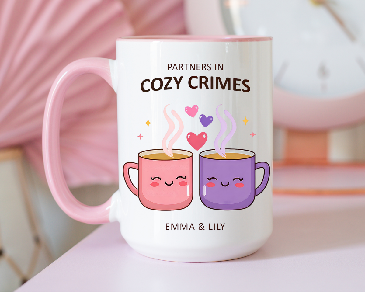 Partners in Cozy Crimes Mug, Personalized Best Friend Coffee Mug, Custom Name Friendship Gift for Women