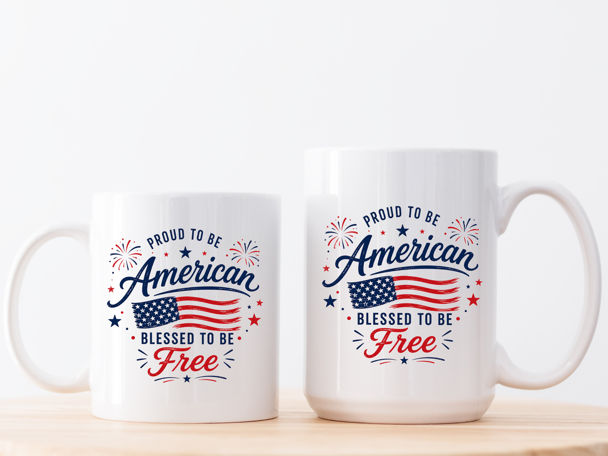 Proud to Be American Coffee Mug with US Flag, Patriotic 4th of July Gift for Veterans, Blessed to Be Free Red White and Blue Tea Cup