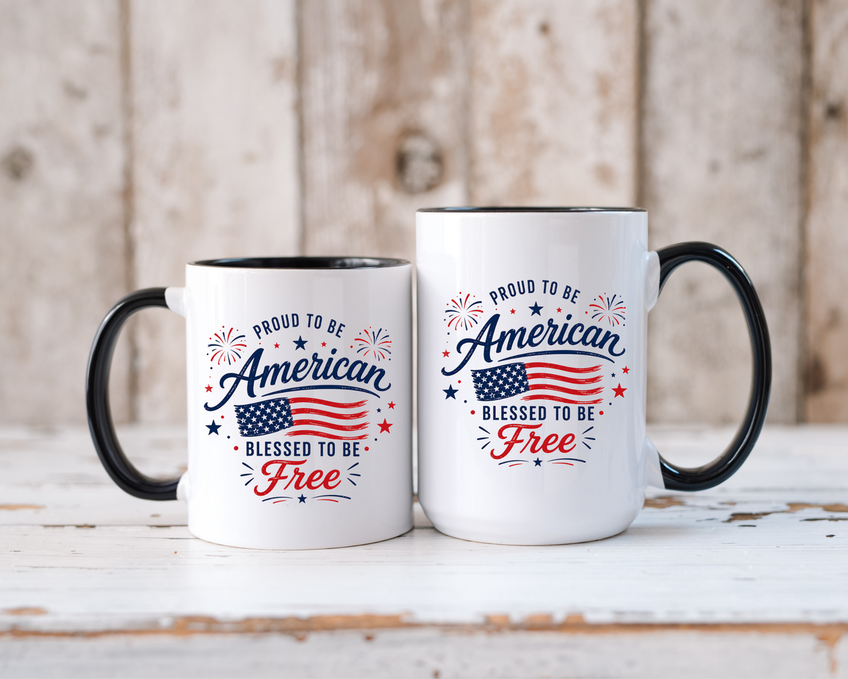Proud to Be American Coffee Mug with US Flag, Patriotic 4th of July Gift for Veterans, Blessed to Be Free Red White and Blue Tea Cup