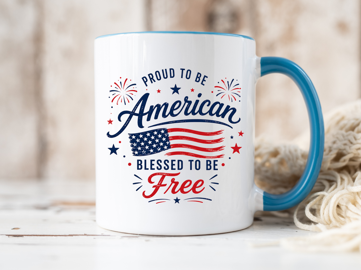Proud to Be American Coffee Mug with US Flag, Patriotic 4th of July Gift for Veterans, Blessed to Be Free Red White and Blue Tea Cup