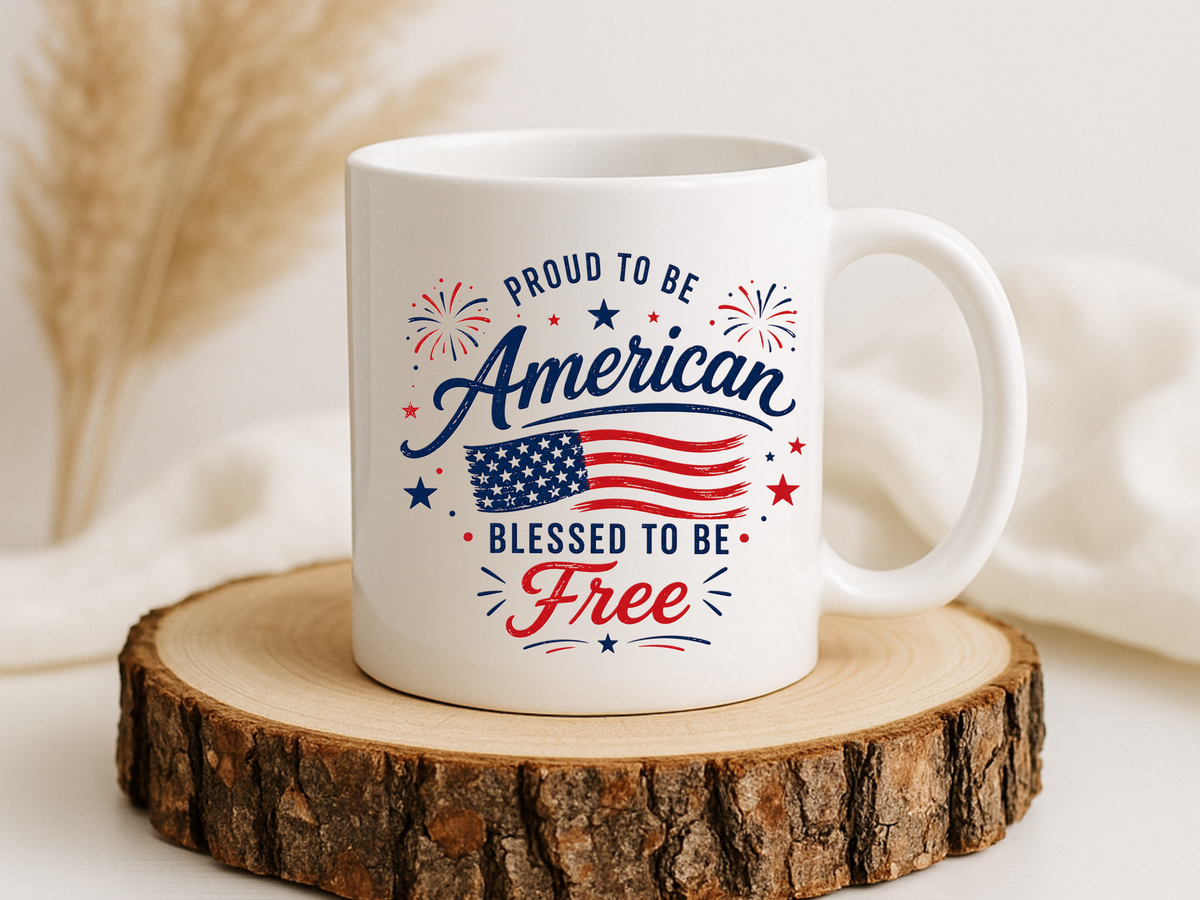 Proud to Be American Coffee Mug with US Flag, Patriotic 4th of July Gift for Veterans, Blessed to Be Free Red White and Blue Tea Cup