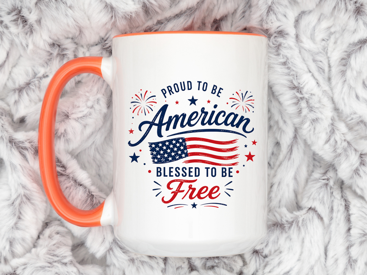 Proud to Be American Coffee Mug with US Flag, Patriotic 4th of July Gift for Veterans, Blessed to Be Free Red White and Blue Tea Cup