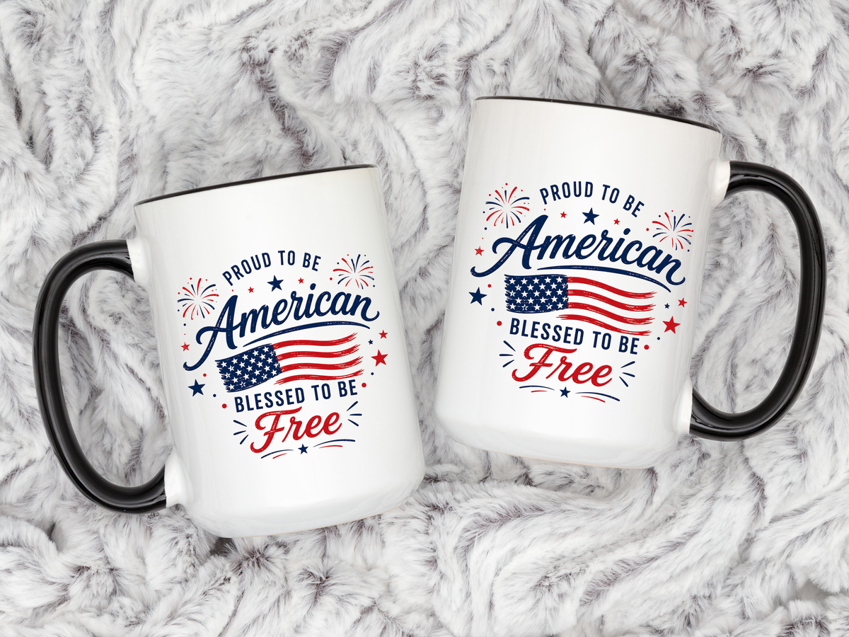 Proud to Be American Coffee Mug with US Flag, Patriotic 4th of July Gift for Veterans, Blessed to Be Free Red White and Blue Tea Cup