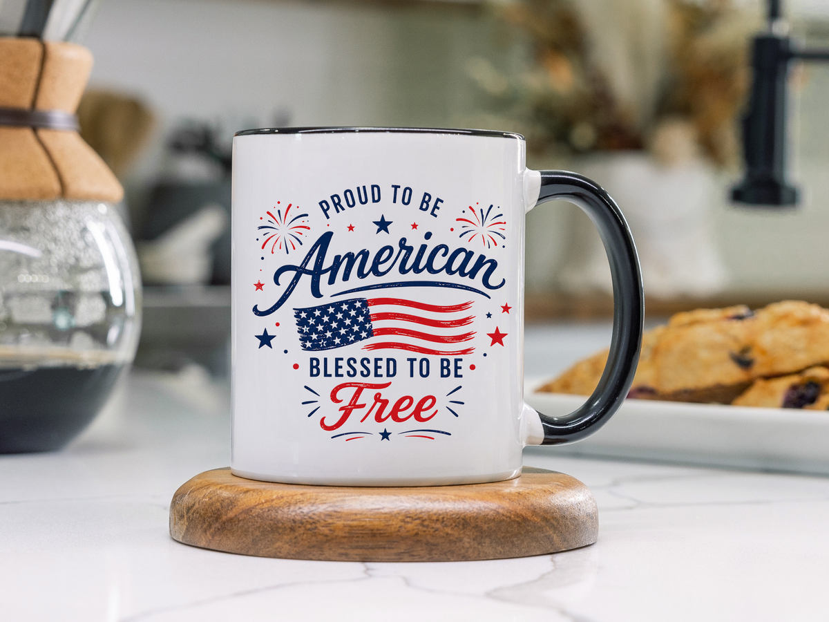 Proud to Be American Coffee Mug with US Flag, Patriotic 4th of July Gift for Veterans, Blessed to Be Free Red White and Blue Tea Cup