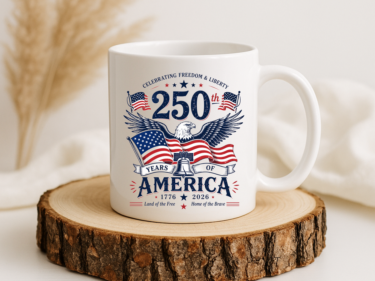 America 250th Coffee Mug with Flag, Semiquincentennial Gift for History Buffs, 1776 to 2026 Patriotic Ceramic Tea Cup