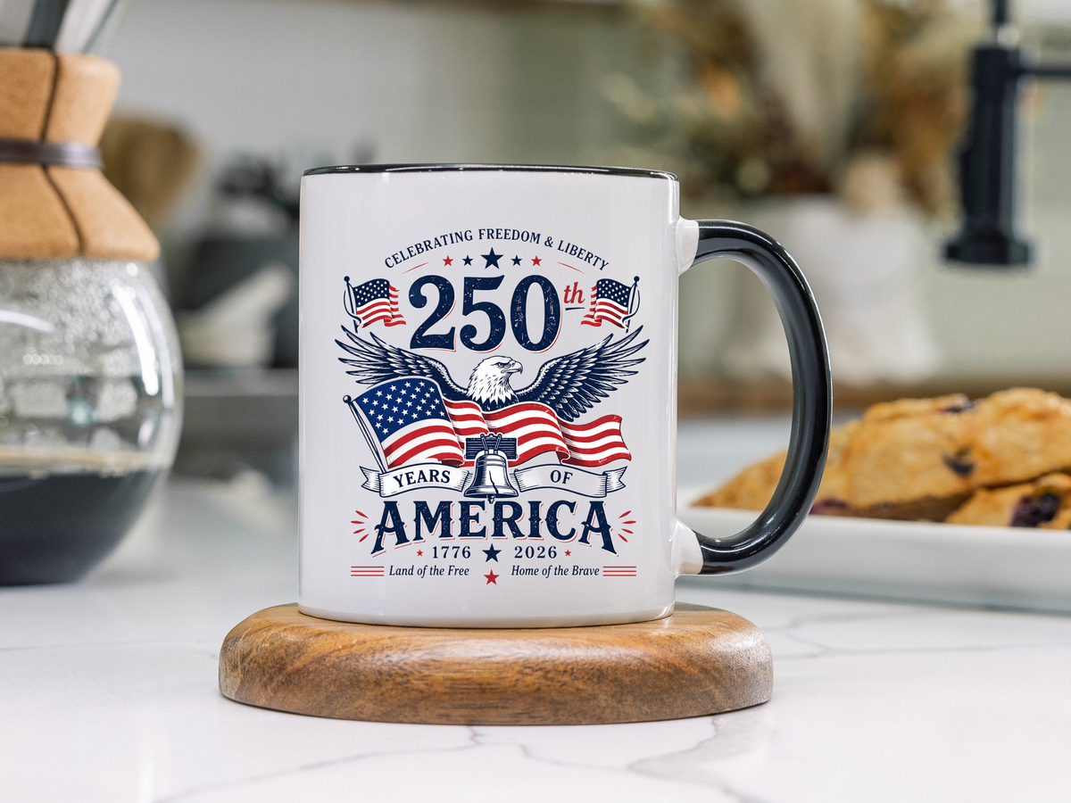 America 250th Coffee Mug with Flag, Semiquincentennial Gift for History Buffs, 1776 to 2026 Patriotic Ceramic Tea Cup