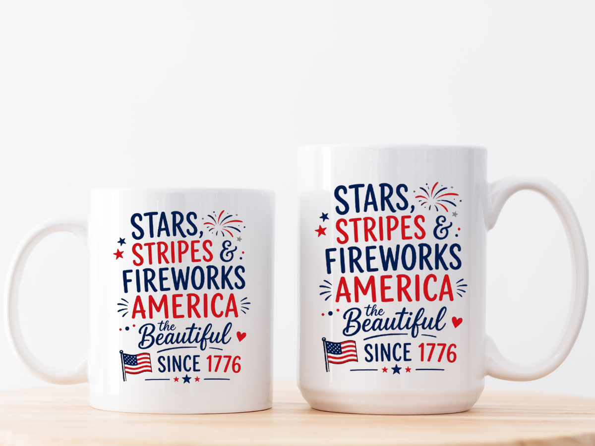 Stars and Stripes Coffee Mug, 4th of July Fireworks Gift for Hostess, America the Beautiful Since 1776 Patriotic Ceramic Tea Cup