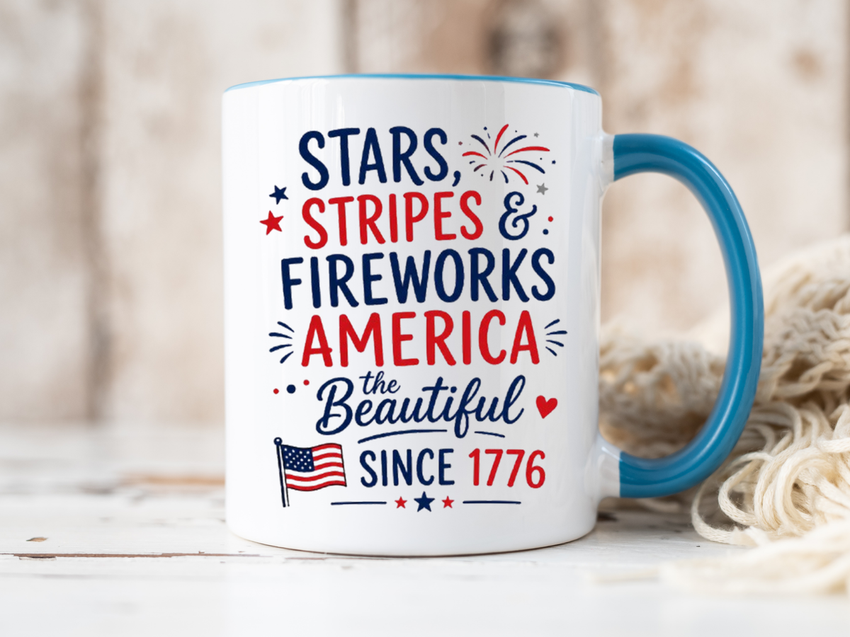 Stars and Stripes Coffee Mug, 4th of July Fireworks Gift for Hostess, America the Beautiful Since 1776 Patriotic Ceramic Tea Cup