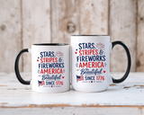 Stars and Stripes Coffee Mug, 4th of July Fireworks Gift for Hostess, America the Beautiful Since 1776 Patriotic Ceramic Tea Cup