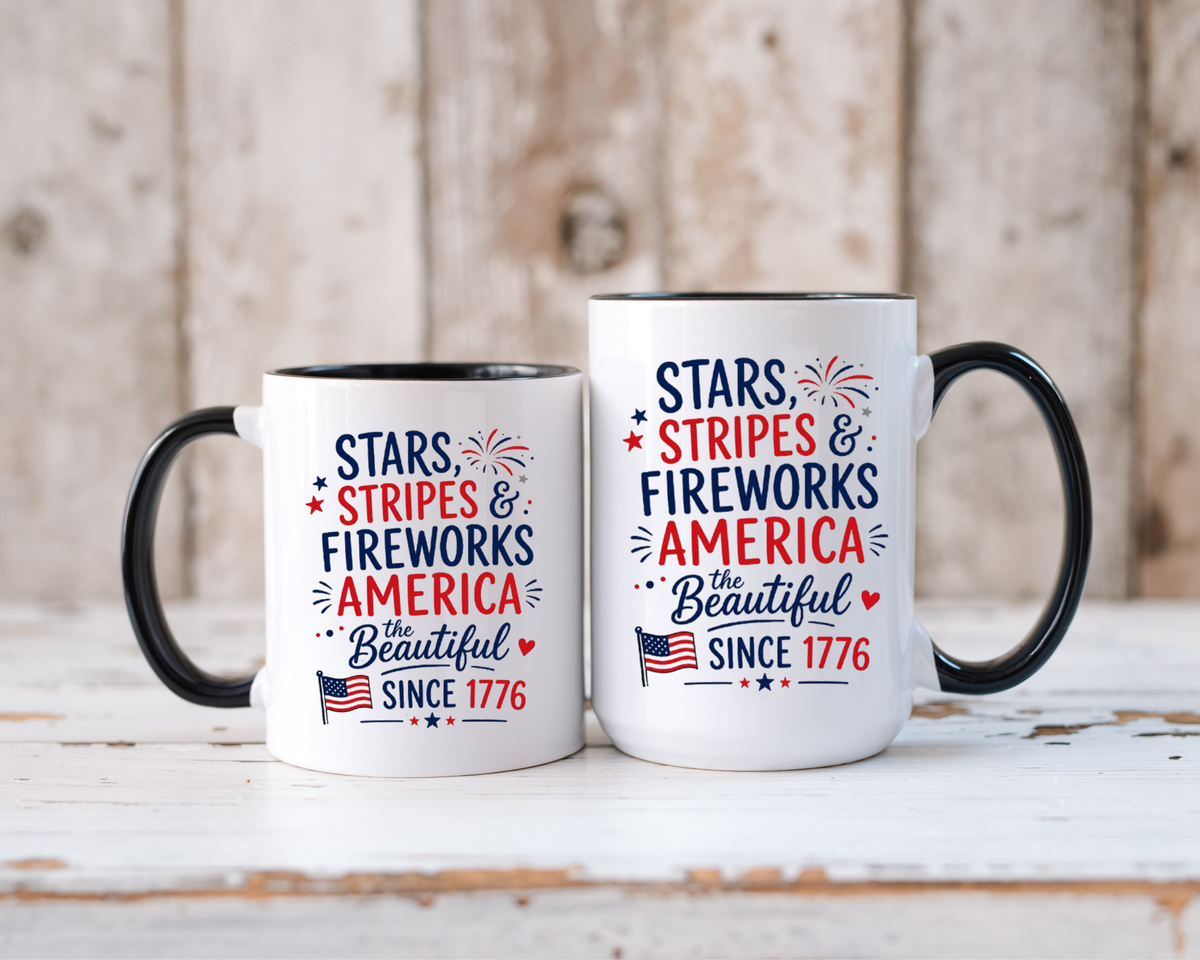 Stars and Stripes Coffee Mug, 4th of July Fireworks Gift for Hostess, America the Beautiful Since 1776 Patriotic Ceramic Tea Cup