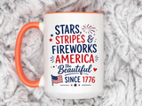 Stars and Stripes Coffee Mug, 4th of July Fireworks Gift for Hostess, America the Beautiful Since 1776 Patriotic Ceramic Tea Cup