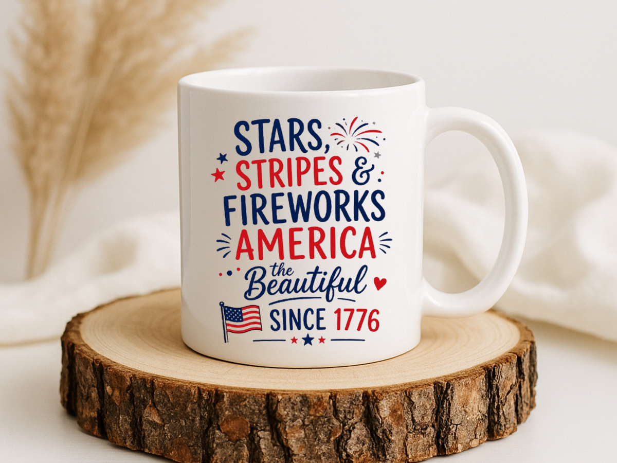 Stars and Stripes Coffee Mug, 4th of July Fireworks Gift for Hostess, America the Beautiful Since 1776 Patriotic Ceramic Tea Cup