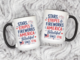 Stars and Stripes Coffee Mug, 4th of July Fireworks Gift for Hostess, America the Beautiful Since 1776 Patriotic Ceramic Tea Cup