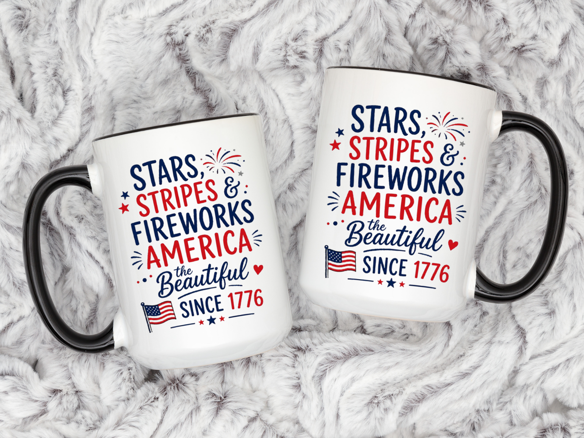 Stars and Stripes Coffee Mug, 4th of July Fireworks Gift for Hostess, America the Beautiful Since 1776 Patriotic Ceramic Tea Cup