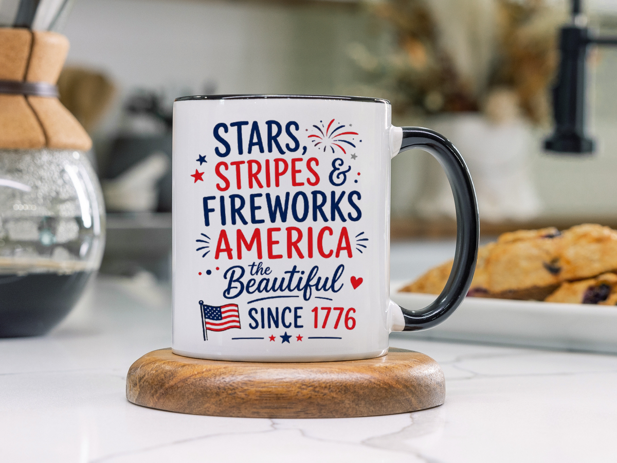 Stars and Stripes Coffee Mug, 4th of July Fireworks Gift for Hostess, America the Beautiful Since 1776 Patriotic Ceramic Tea Cup