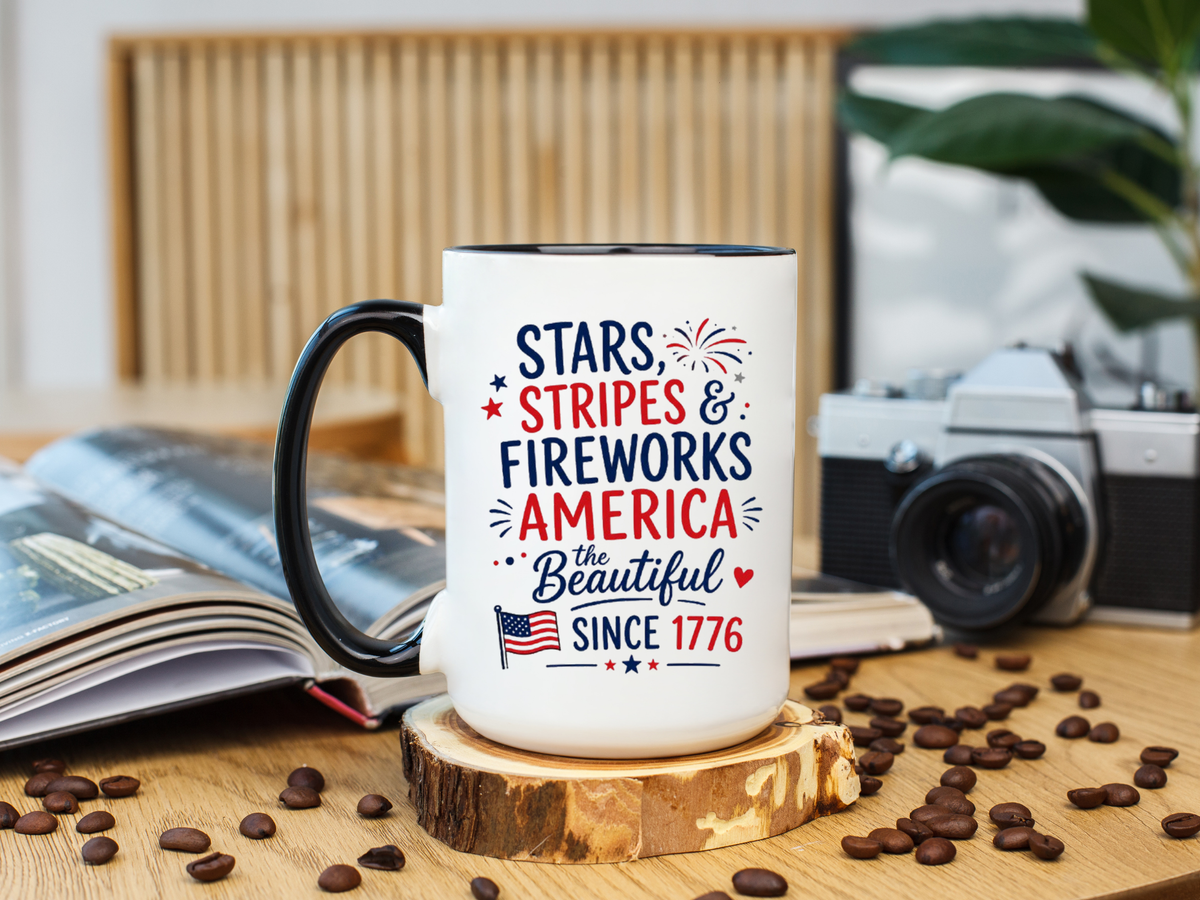 Stars and Stripes Coffee Mug, 4th of July Fireworks Gift for Hostess, America the Beautiful Since 1776 Patriotic Ceramic Tea Cup