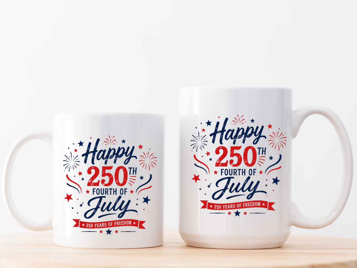 Happy 250th Fourth of July Coffee Mug, Semiquincentennial Gift for History Lovers, 1776 to 2026 Patriotic Ceramic Tea Cup
