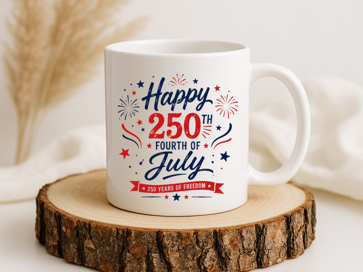 Happy 250th Fourth of July Coffee Mug, Semiquincentennial Gift for History Lovers, 1776 to 2026 Patriotic Ceramic Tea Cup