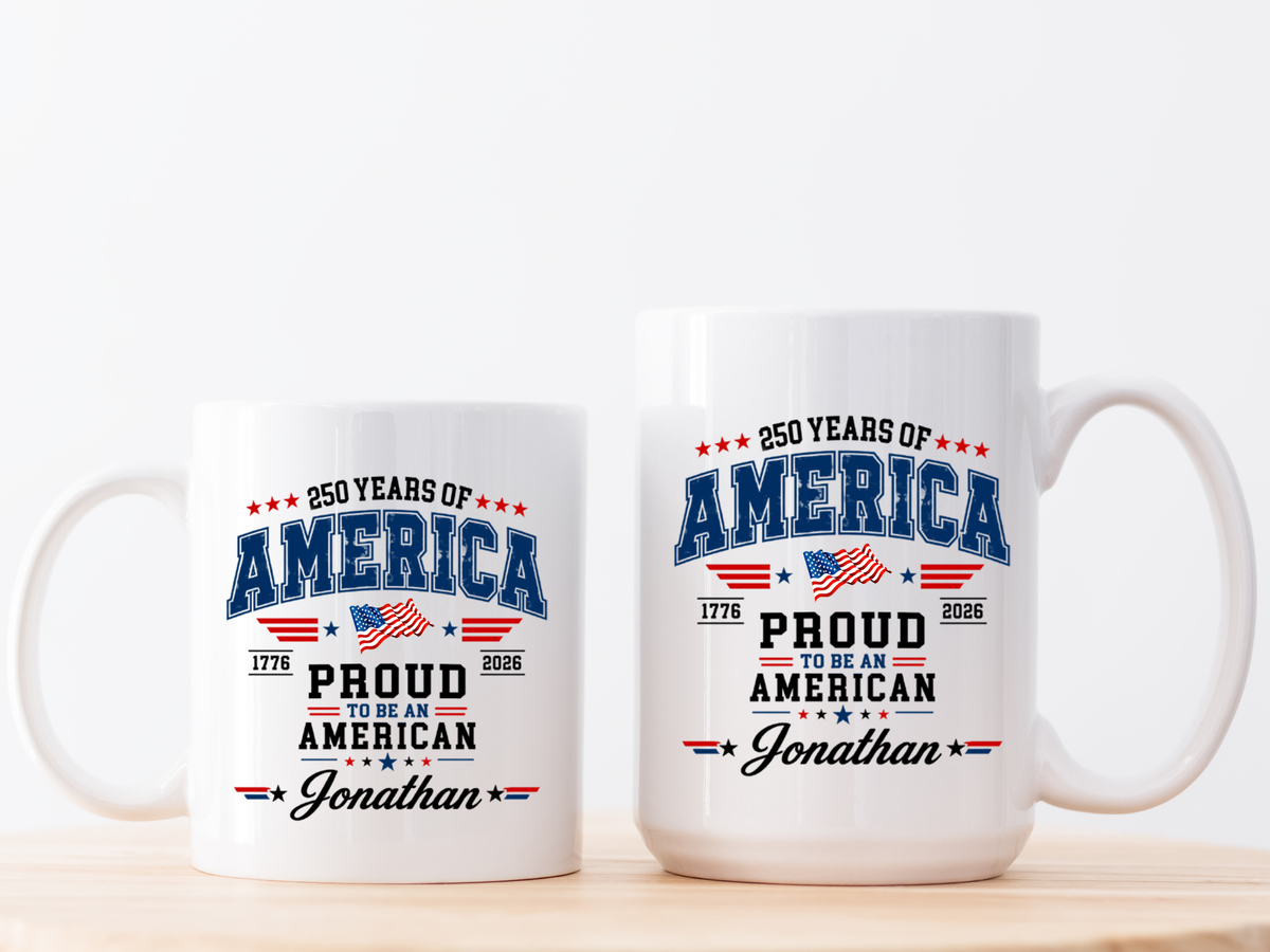Personalized America 250th Coffee Mug, Custom Name Patriotic Gift for Men, Proud to Be An American 1776 to 2026 Ceramic Tea Cup